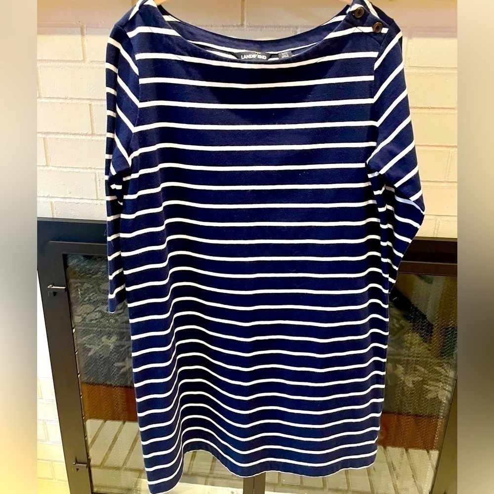 Lands' End Navy and White Striped Boatneck Dress